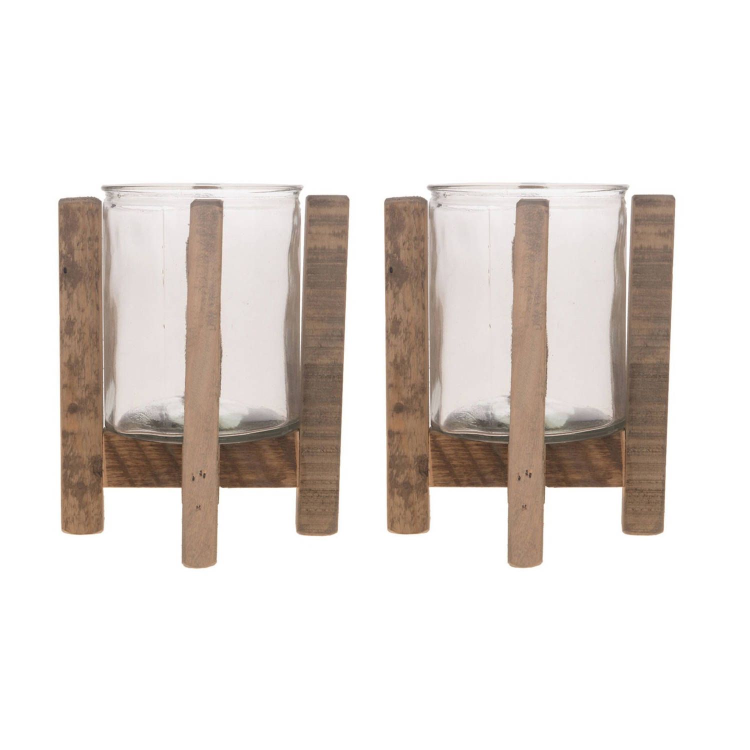2x Houten Theelichthouders 17,5 cm - Bruin