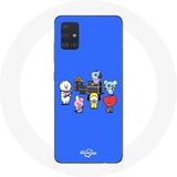 Maniacase Samsung Galaxy A51 5G BTS BT21 Tata Chimmy Cooky Rj Koya Shooky en Mang Speel muziek Blauwe achtergrond