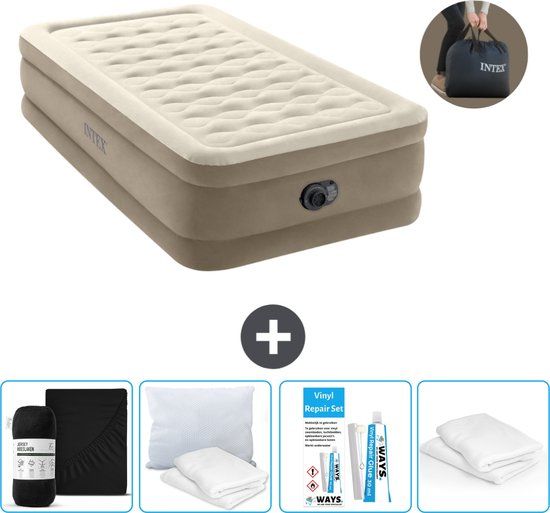 Intex Luchtbed - 1-Persoons - 99 x 191 x 46 cm - Beige - Inclusief pomp - Hoeslaken - Kussen - Reparatieset en Kussenbeschermer