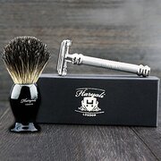 Haryali London Hand Gemonteerd Zilveren Dubbele rand Vlinder Veiligheid Razor & Zwarte Dassenscheren Borstel.