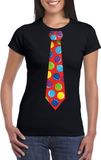 Bellatio Decorations Foute Kerst t-shirt stropdas met kerstballen print zwart voor dames L