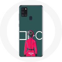 Maniacase Hoesje voor Samsung Galaxy A21S Inktvis spel rode soldaat met cirkel masker groene achtergrond
