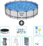 Bestway Rond Steel Pro MAX Zwembad - 457 x 107 cm - Grijs - Inclusief Pomp - Ladder - Afdekzeil - Onderhoudspakket - Stofzuiger - 8-delig