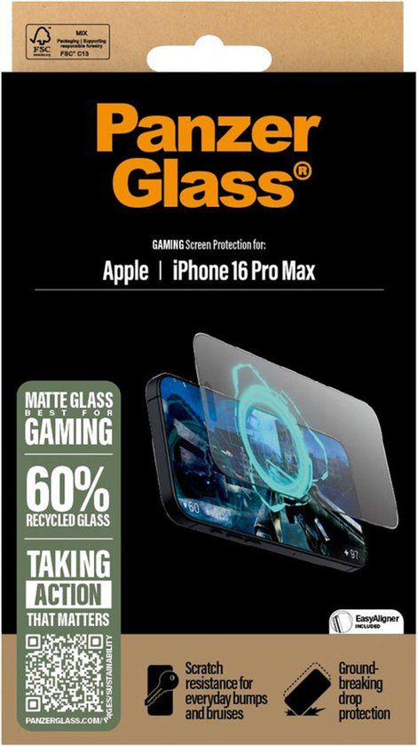 PanzerGlass Matte Gaming - Screen Protector - iPhone 16 Pro Max - Ultra-Wide Fit - 60% Gerecycled