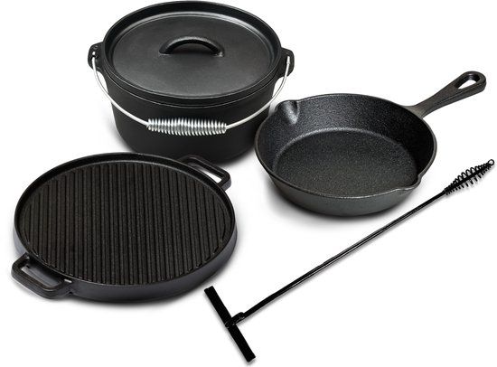 Blackwell Pannenset 4-delig - Dutch Oven 25 cm 4 liter Pan ø 20 cm & Grillplaat ø 30 cm - Gietijzer, Voor Alle Warmtebronnen