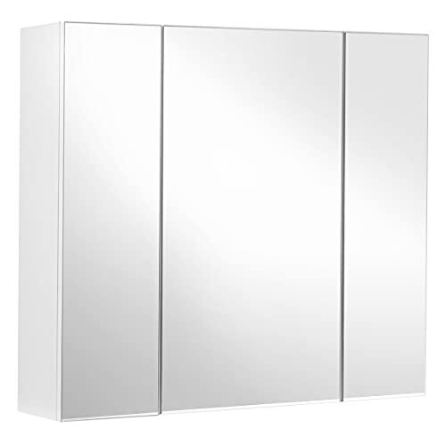 Vasagle Spiegelkast, badkamerkast, opbergkast met 3 deuren, voor badkamer, 60 x 15 x 55 cm, met verstelbare planken, modern, wit BBK22WT