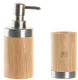 Item International Item Badkamer accessoires set - drinkbeker - zeeppompje - 17 cm - bamboe - zilver - naturel