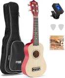 MAX UKEY Ukelele Set 21 Inch – Houten Sopraan Ukulele voor Beginners en Volwassenen, Mini Gitaar met Nylon Snaren, Tas, Digitaal Stemapparaat, Plectrums en Extra Snaren – Naturel