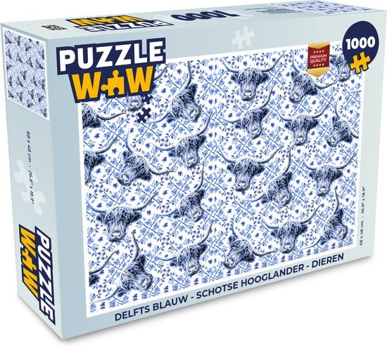 MuchoWow Puzzel Delfts blauw - Schotse hooglander - Dieren - Legpuzzel - Puzzel 1000 stukjes volwassenen