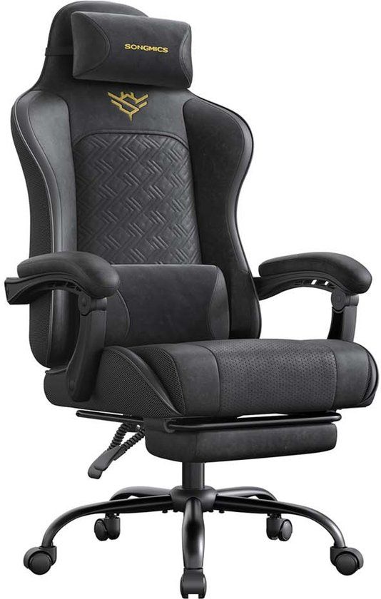SONGMICS Gamingstoel - Ergonomisch - Zwart - Met Voetenbank en Verenkussen