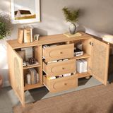OKWISH Dressoir – 140×40×80 cm – 2 Deuren en 3 Lades – Opbergruimte voor Hal, Woonkamer en Eetkamer – MDF en Spaanplaat Naturel