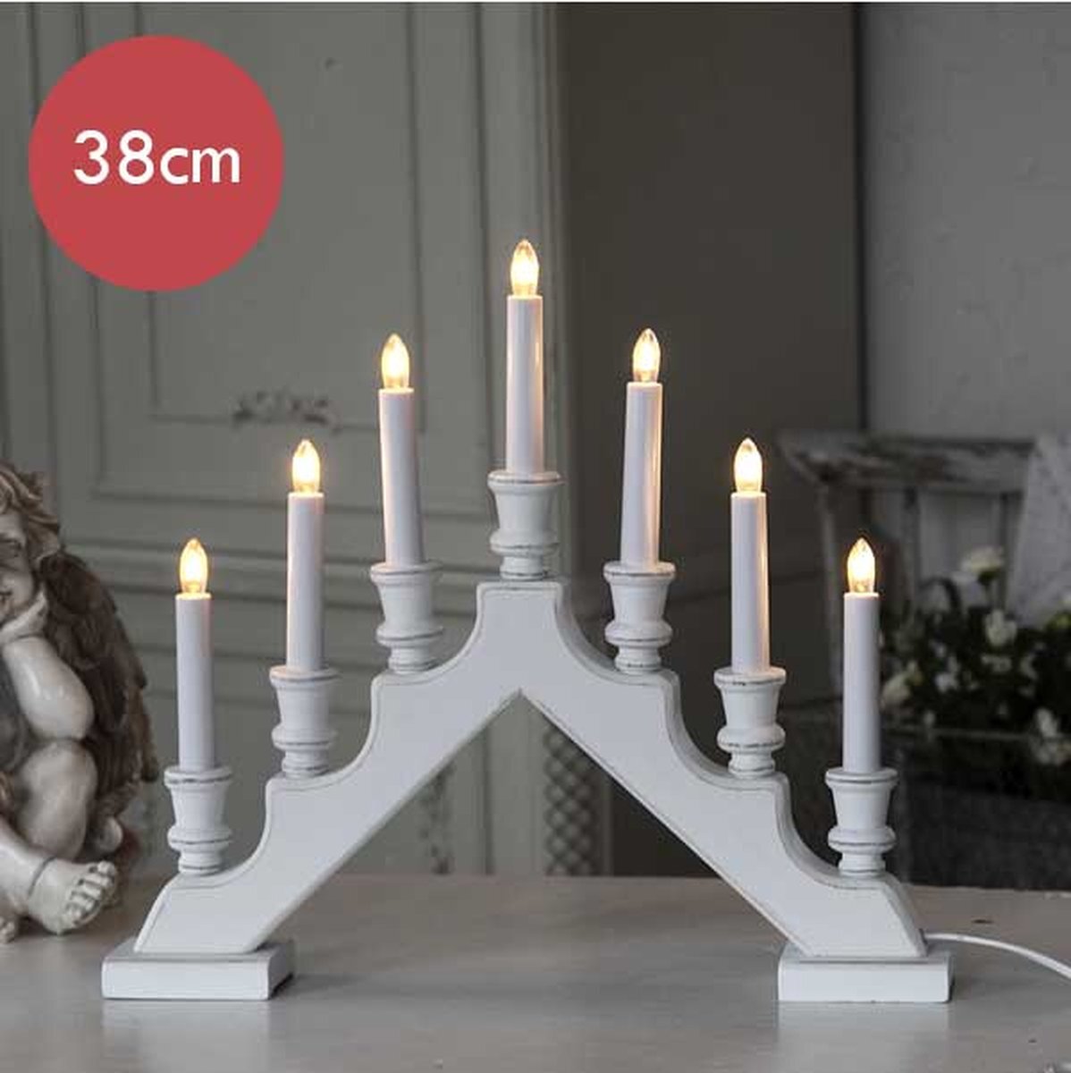 Star Witte houten kandelaar met LED verlichting -38cm -lichtkleur: Warm Wit -met stekker -Kerstdecoratie