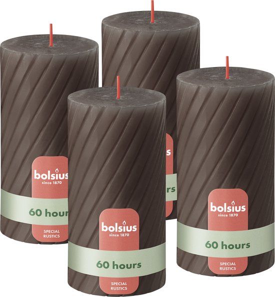 Bolsius Rustieke Kaars Gedraaid Patroon Taupe Donker Bruin 4 stuks 13 cm