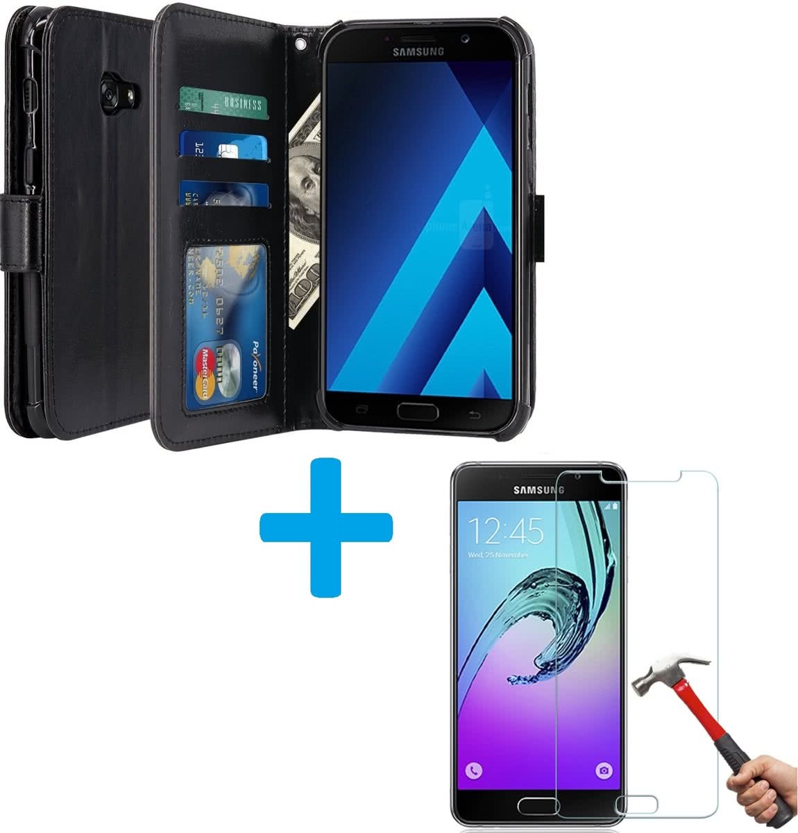 - Cyclone Pack Box Samsung Galaxy A5 2017 Book PU lederen Portemonnee hoesje Book case zwart met Tempered Glas Screen protector
