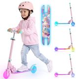 Sun Baby LUMI RIDE Kinderstep 2 wielen, Scooter voor kinderen vanaf 5 jaar, LED - 7 kleuren, 20 programma’s - 3 niveaus stuurverstelling, voetrem, afneembare handvatten (Lichtroze met poesjes)