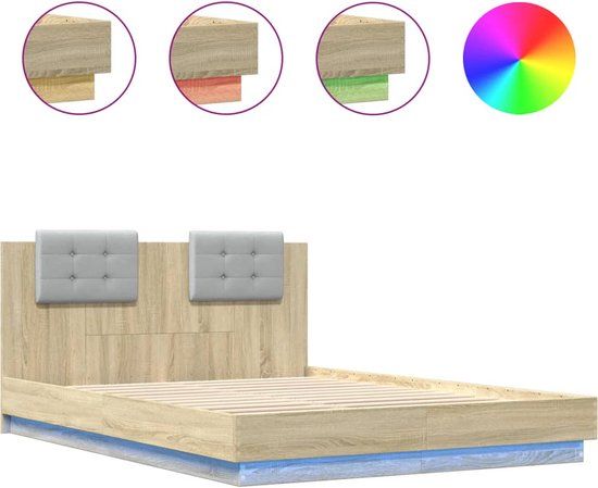 vidaXL Bedframe met hoofdbord en LED, Sonoma eikenkleurig, 140x200 cm