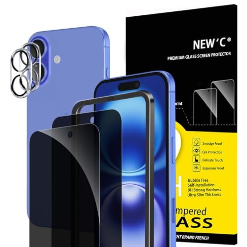 NEW'C 2 x Privacy Screen Protector voor iPhone 16 (6,1 inch) en 2 x Camera Lens Protector