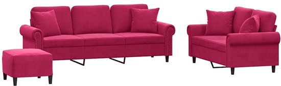 vidaXL 3-delige Loungeset met kussens fluweel wijnrood