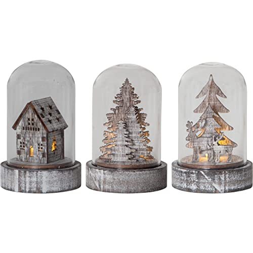 EGLO LED kerstdecoratie, set van 3 decoratieve glazen klokken, winterlandschap op batterijen met licht, tafeldecoratie Kerstmis van rustiek hout en glas, warmwit, 5,5 x 8,5 cm