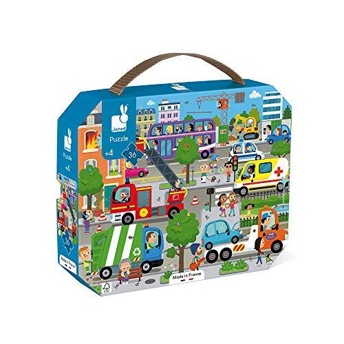 Janod - Kinderpuzzel City 36 Stuks - Educatief spel - Fijne motoriek en concentratie - Koffer met handvat - Gemaakt in Frankrijk en FSC® gecertificeerd - Groene inkt - vanaf 4 jaar oud, J02644