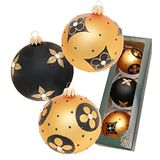Dekohelden24 Lauschaer Kerstboomversiering - set van 3 glazen ballen in goud en mat - zwart, mondgeblazen en met de hand versierd, met gouden kroontjes, diameter ca. 8 cm