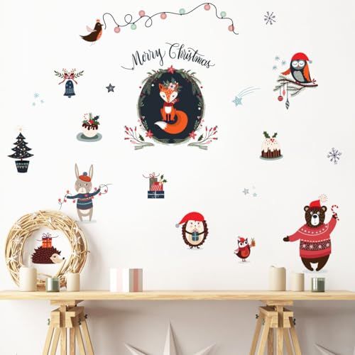 Ambiance Sticker Kerststickers, zelfklevend, kerstdecoratie, feestdecoratie voor slaapkamer en woonkamer, bosdieren, Merry Christmas-H50 x B65 cm