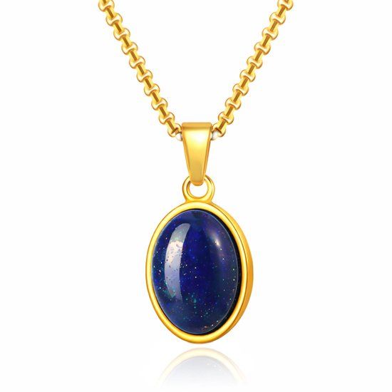 Mendes Goudkleurige Heren Ketting met Ovale Donkerblauwe Edelsteen Hanger