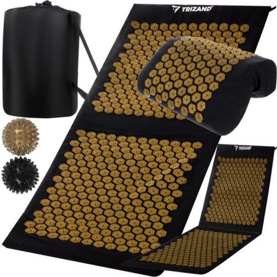 Trizand Acupressuurmat Set XXL - Zwart en Goud - Inclusief Kussen, 2 Massageballen en Draagtas