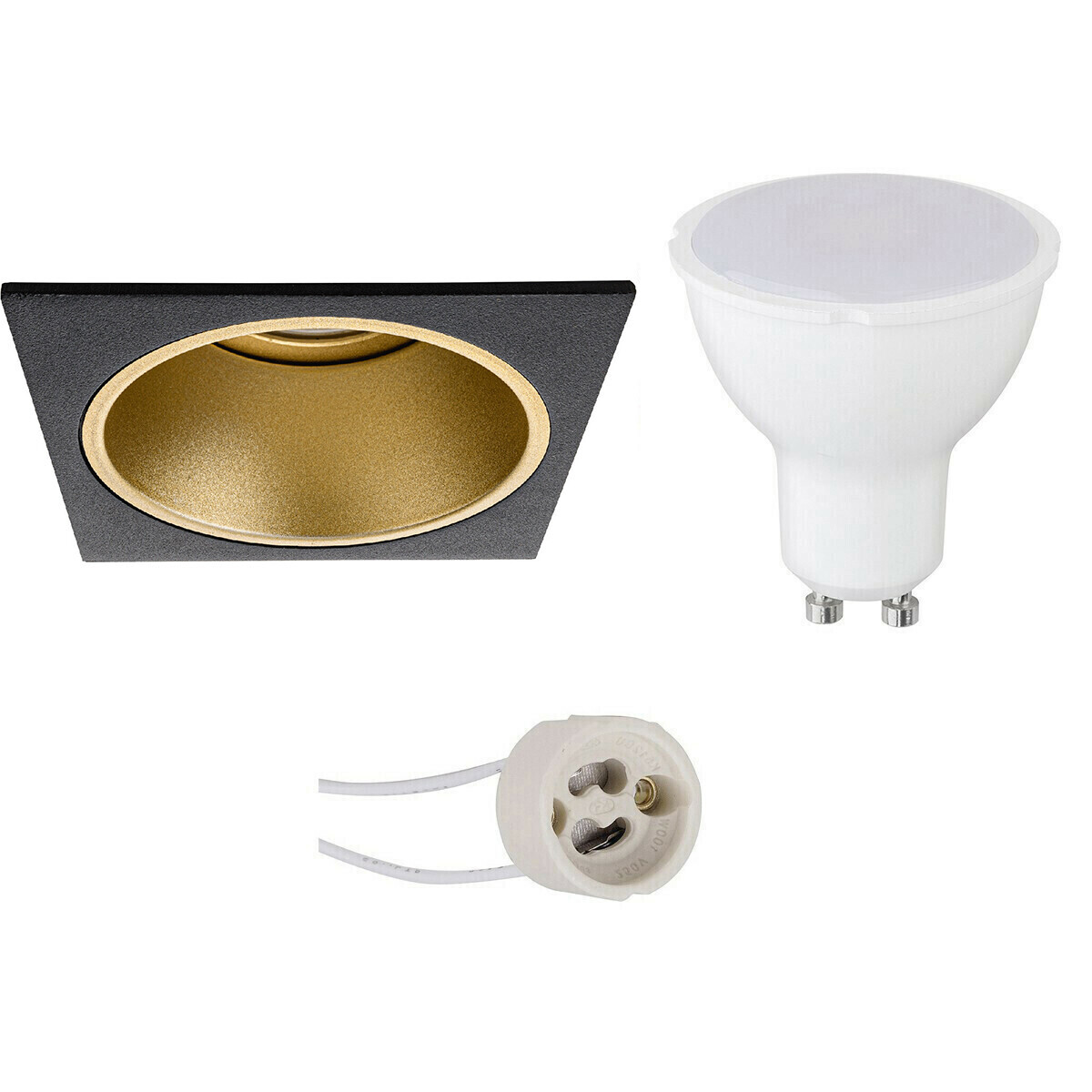 BES LED Voordeelset LED Spot Set - Aigi - Pragmi Minko Pro - GU10 Fitting - Inbouw Vierkant - Mat Zwart/Goud - 8W - Warm Wit 3000K - Verdiept - 90mm