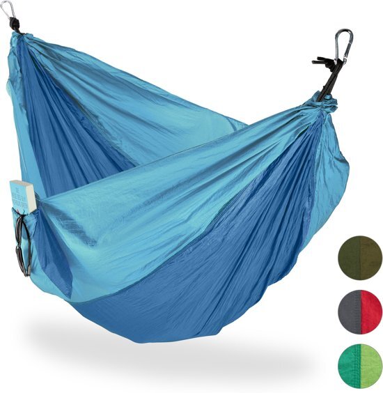 Relaxdays hangmat outdoor - XXL - hang mat 2 personen - extreem licht camping - tot 200 kg blauw