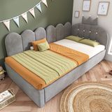 STILVORA Slaapbank 90x200 cm – Uitschuifbed 90x190 cm – L-Vorm Met Kroondesign – Jeugdkamer – Fluweel – Grijs – Zonder Matras