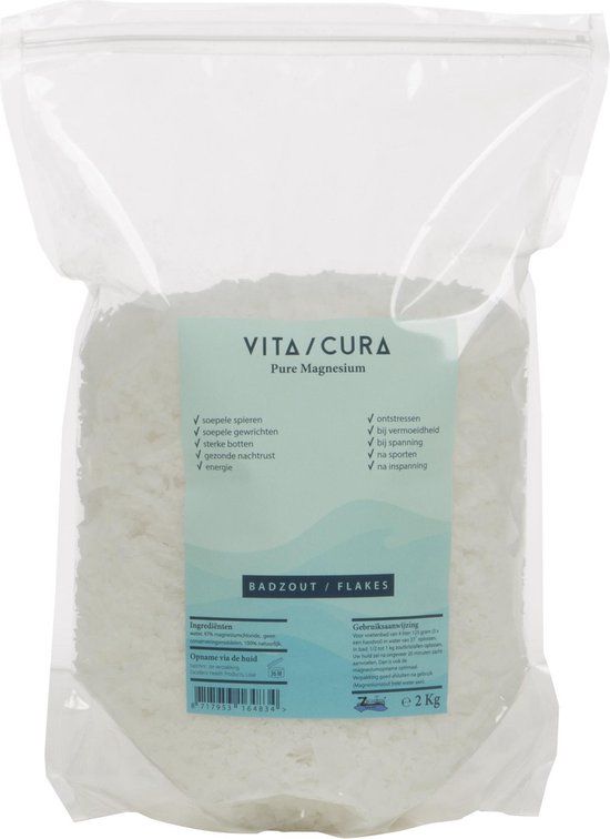 Vitacura Magnesium Zout | 2000 gram | 100% pure magnesium flakes | 100% Natuurlijk | Badzout | Zechstein keurmerk | Vermindert spierkramp, stress, slapeloosheid