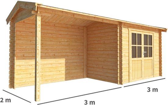 Merkloos Blokhut met overkapping Fenna 600 cm bij 200 cm diep Zadeldak bruin