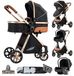 Poussette 3-en-1 - Poussette avec siège bébé - Siège réversible - Nacelle - Pliable - Système de suspension - 20 kg - Noir/Or