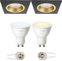 BES LED Pragmi Rodos Pro - Inbouw Vierkant - Mat Zwart/Goud - 93mm - Philips Hue - LED Spot Set GU10 - White Ambiance - Bluetooth