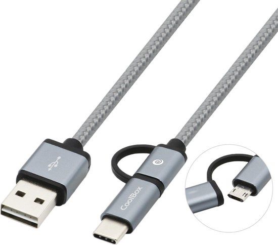 CoolBox USB-kabel - USB A Male naar Micro USB en USB C Male - 1 m - Grijs