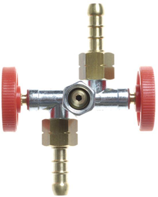 Gimeg tweeweg aftakkraan 1/4 inch links met slangpilaar