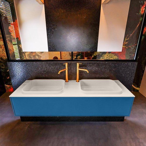 Mondiaz ERIN 150cm badmeubelset onderkast Jeans met 1 lade + Wastafel RIDGE dubbel Linen