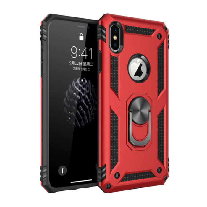 R-JUST iPhone 7 Plus Hoesje - Shockproof Case Cover Cas TPU Rood + Kickstand