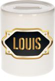 Bellatio Decorations Spaarpot met voornaam Louis - wit - met goud/zwart embleem - 8 x 9 cm - keramiek - met afsluitdop - cadeau verjaardag
