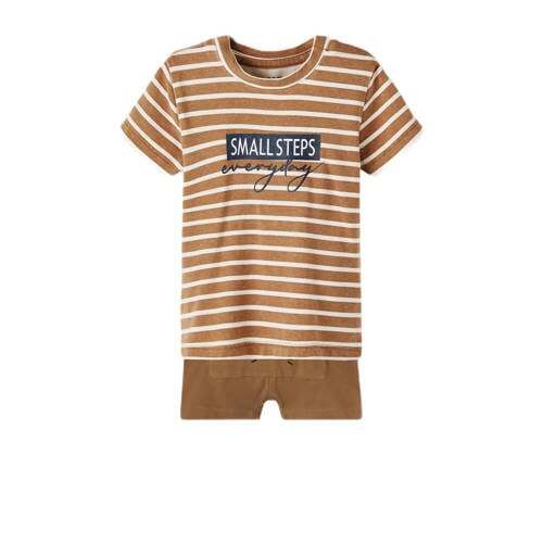 NAME IT NAME IT BABY gestreept T-shirt + kort broek NBNOLEO bruin/wit