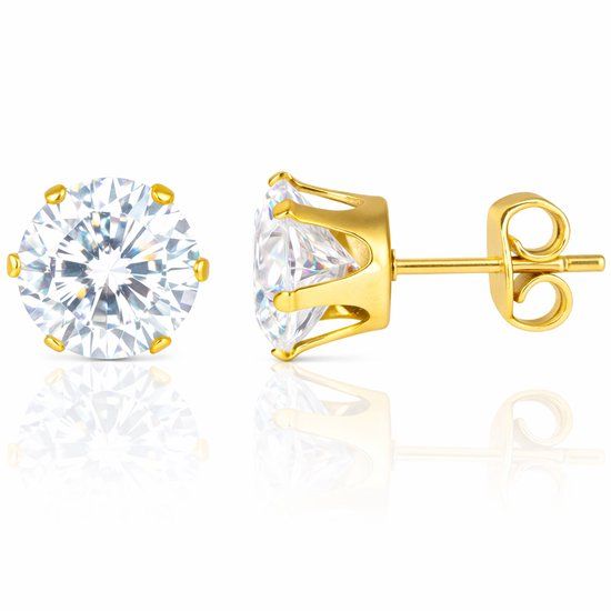 LGT JWLS LGT Jewels Stud oorbellen Edelstaal Goudkleurig Ronde Zirkonia Transparant-8mm