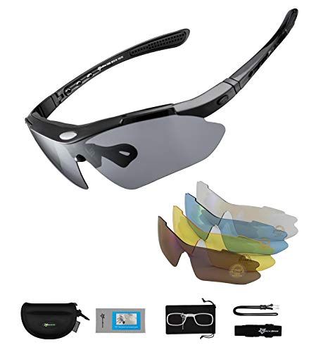 ROCKBROS Gepolariseerde sportbril voor heren, fietsen, mountainbike, UV400, zonnebril, zwart, met 5 verwisselbare glazen