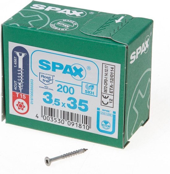 Spax R.v.s. schroef, 3,5 x 35 mm, 200 stuks, volledig schroefdraad, platkop, T-STAR plus T15, 4CUT, roestvast staal A2 - 1197000350353