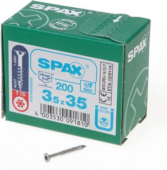 SPAX RVS Schroef - 3.5x35mm - 200 stuks - Verzonken kop - T-STAR plus T15 - 1197000350353