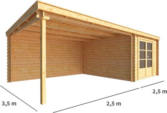 Merkloos Blokhut met overkapping Els 500 cm bij 350 cm diep Lessenaarsdak bruin