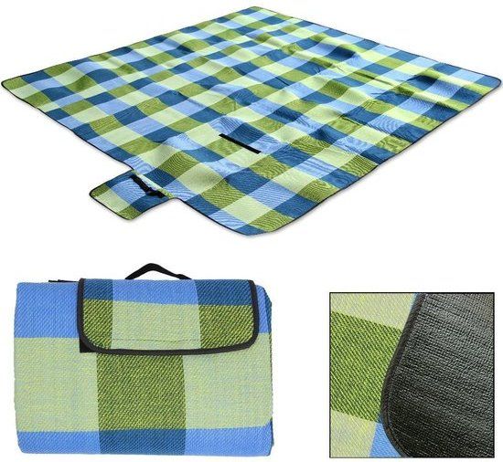 Picknick deken, strandlaken, onderdeken, 2x2 meter lichtblauw/geel geruit