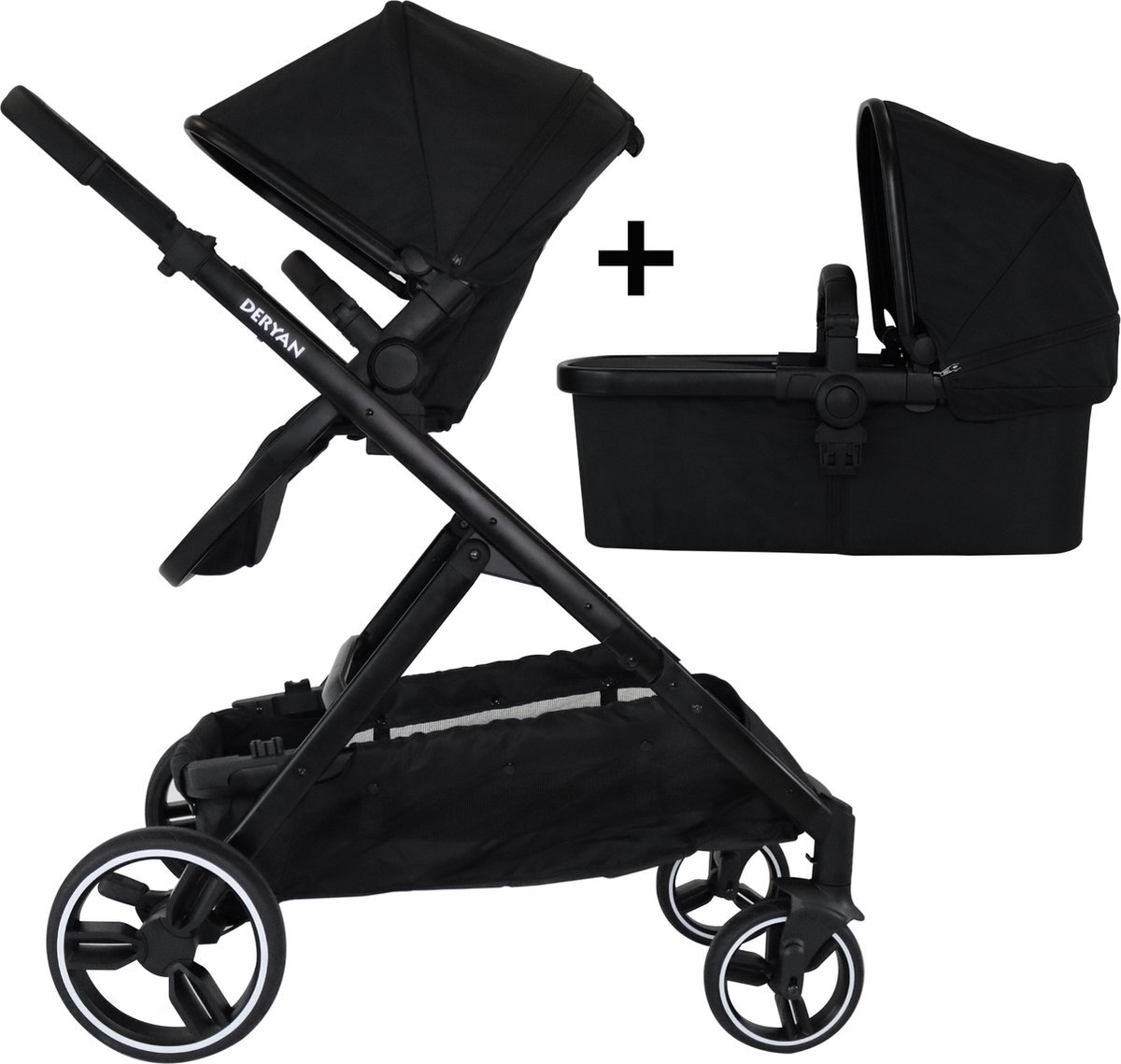 Deryan Evy Kinderwagen - Duo Kinderwagen - Uitbreidbaar - Inclusief reiswieg - Zwart zwart