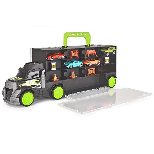 Dickie Toys Carry & Store Transporter speelgoedvrachtwagen voor het opbergen van 28 speelgoedauto's, incl. 4 auto's, incl. accessoires, met oprijplaat, voor kinderen vanaf 3 jaar, zerowaste verpakking