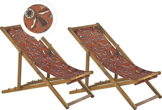 ANZIO - Set of 2 Beach Chairs - Light Wood/Red/Floral - Polyester
